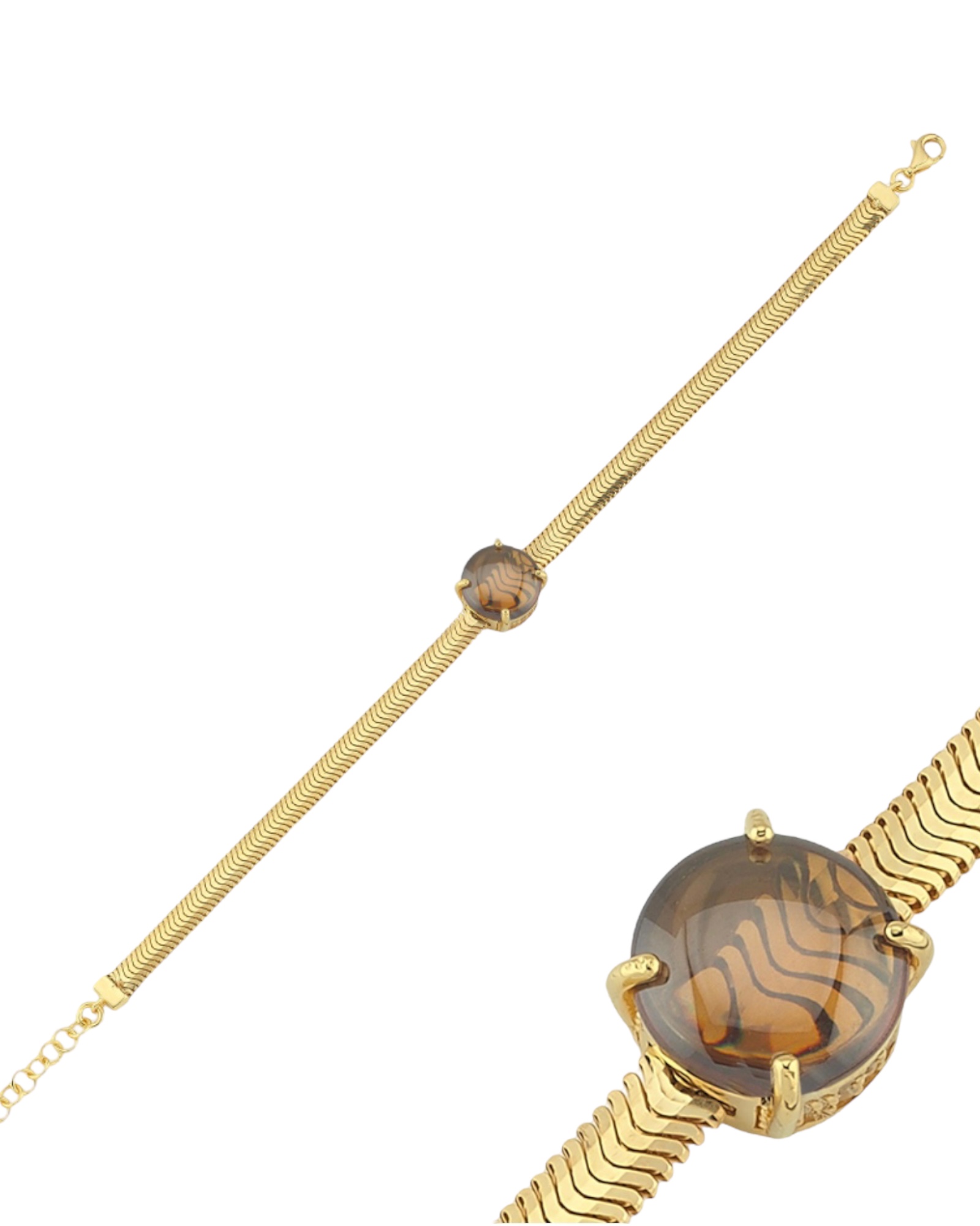 İtalyan Ezme Zincirli  Kahverengi Taşlı Gümüş Bileklik-3072