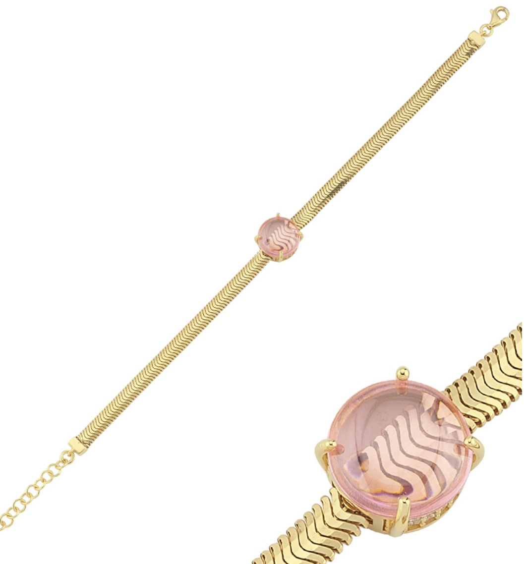 İtalyan Ezme Zincirli Pembe Taşlı Gümüş Bileklik-3078