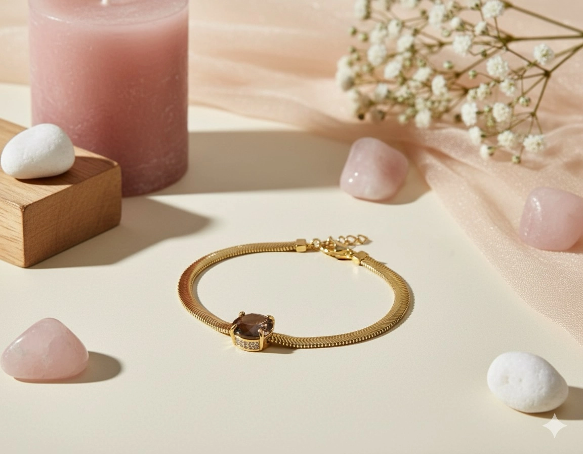 İtalyan Ezme Zincirli  Kahverengi Taşlı Gümüş Bileklik