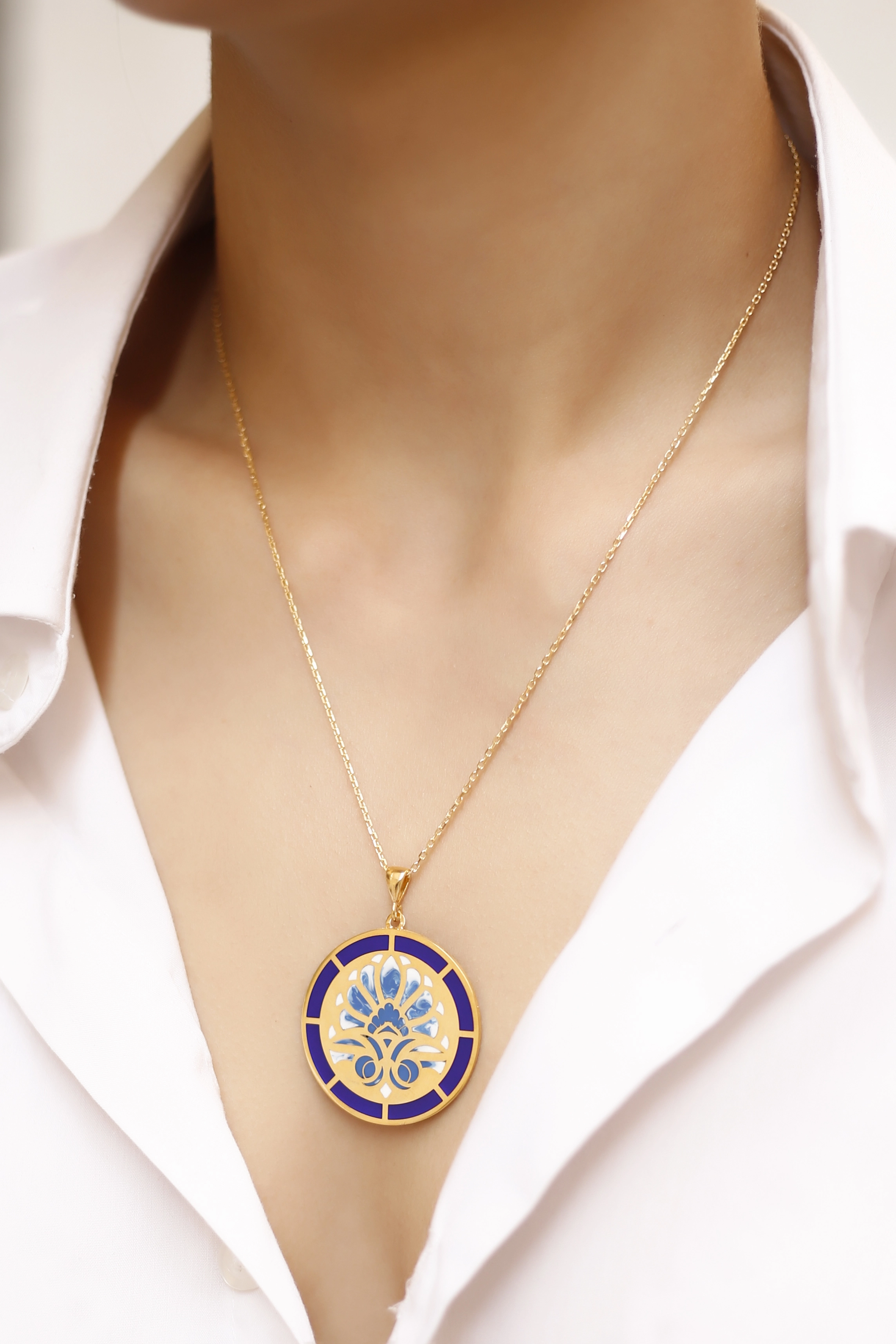 925 Ayar Gümüş Çini Desen Mineli Kolye